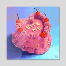 Bite me Sassy heart shaped pink cake - Acrylic by Victoria Georgieva